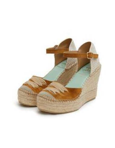 Espadrilles compensées beige avec bride cheville et lacet décoratif 