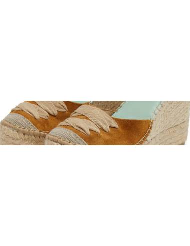 Espadrilles compensées beige avec bride cheville et lacet décoratif 