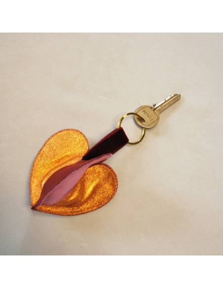 Bijoux de sac porte-clef Coeur triple cuir d'agneau véritable