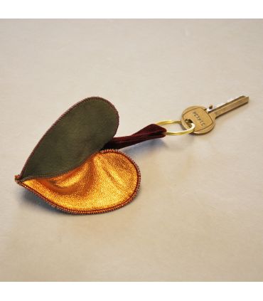 Coeur triple cuir d'agneau véritable kaki orange irisé et gris 