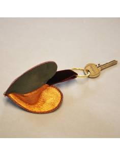 Bijoux de sac porte-clef Coeur triple cuir d'agneau véritable métalisé orange kaki et gris fabrication artisanale