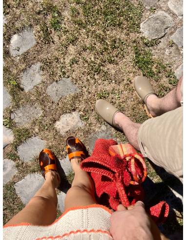 wooden orange and black genuine calf hair clogs