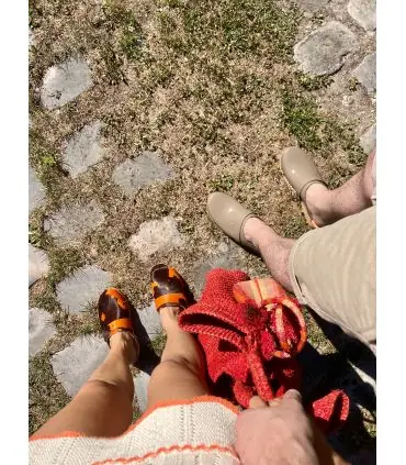 wooden orange and black genuine calf hair clogs