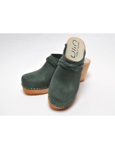 Sabots suédois verts femme talons hauts bois et cuir végétal et nubuck