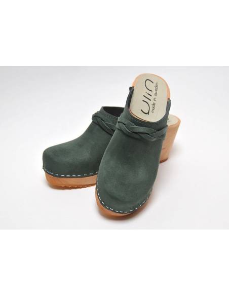 Sabots suédois verts femme talons hauts bois et cuir végétal et nubuck