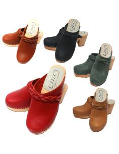 Sabots suédois femme talons hauts bois et cuir tannage végétal ou nubuck