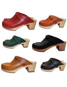Sabots suédois femme talons larges bois et cuir tannage végétal ou nubuck