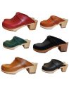 Women heels high wooden Swedish clogs and vegetal leather and nubuck