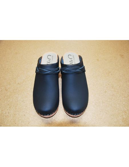 Sabots suédois femme talons larges bois et cuir tannage végétal ou nubuck