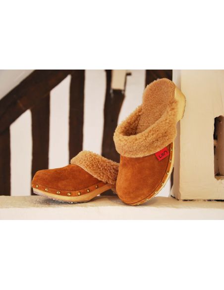 Sabots mules fourré femme en peau de mouton retournée camel 