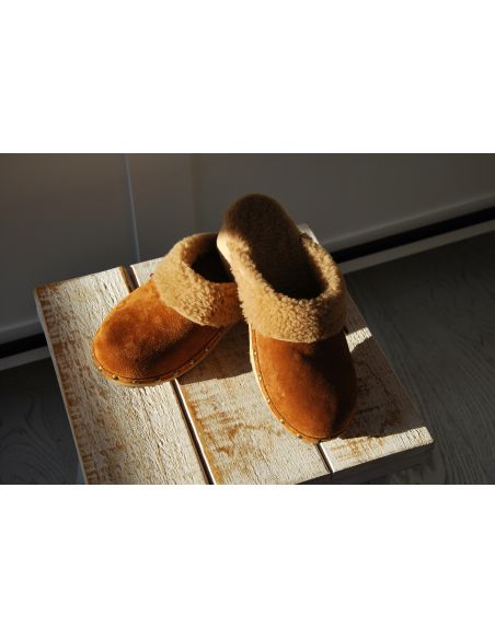 Sabots fourré pour homme en peau de mouton retournée camel caramel
