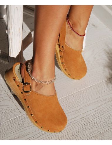 Damen clogs-Pantoletten aus Wildleder mit Nieten und Fersenriemen