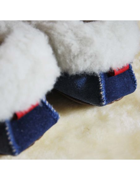 chausson femme laine de mouton bleu et ecru naturelle