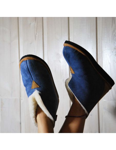 Chaussons mouton pour Femme chauds et hauts en peau d'agneau bleu 