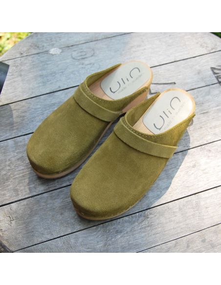 Sabot femme kaki en daim nubuck velours luxe