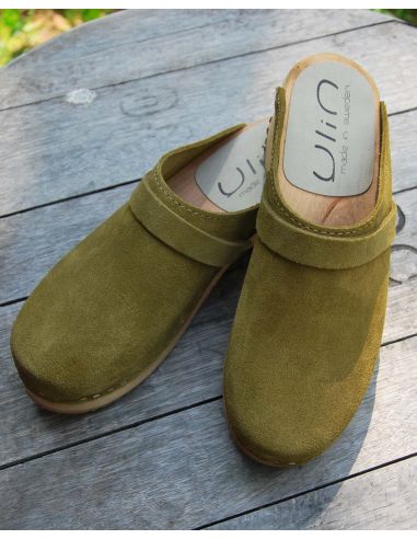 Sabots suédois femme en daim nubuck velours luxe kaki 