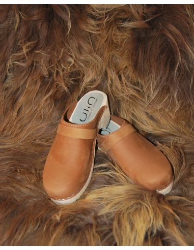 Sabot suédois femme cuir gras ou nubuck velours pêche et bois