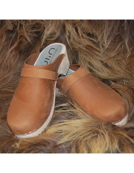 Sabot suédois femme cuir gras ou nubuck velours pêche et bois