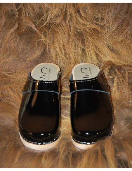 Sueco zuecos de madera cuero charolado mujer