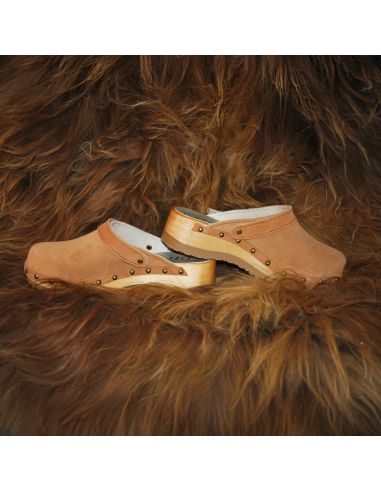 Women's suede clogs with studs and heel strap