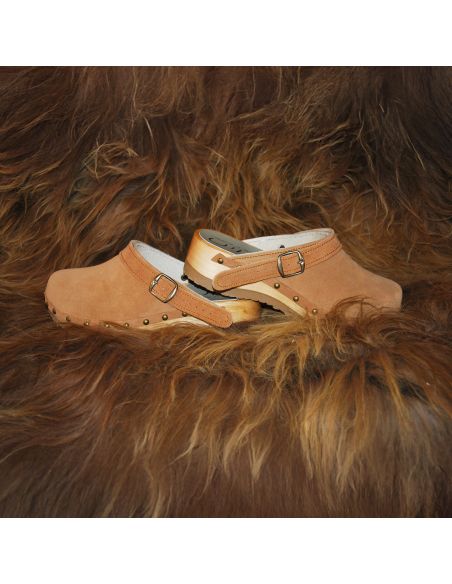 Women's suede clogs with studs and heel strap