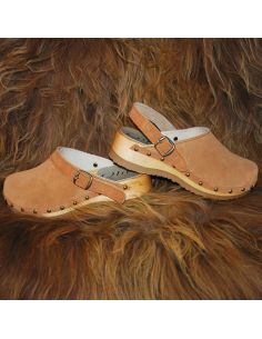 Women's suede clogs with studs and heel strap
