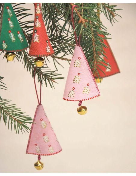 Pink Christmas bell with Nordic motifs in painted lambskin leather for Christmas tree