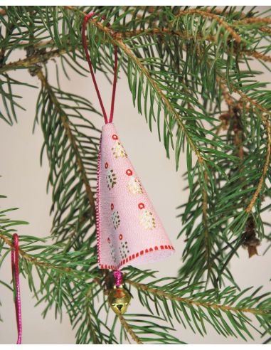 Pink Christmas bell with Nordic motifs in painted lambskin leather for Christmas tree
