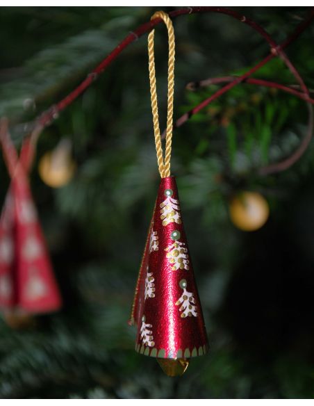 Campanilla navideña rosa con motivos nórdicos en piel de cordero pintada para el árbol de Navidad