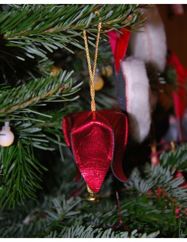 Campanilla navideña rosa con motivos nórdicos en piel de cordero pintada para el árbol de Navidad