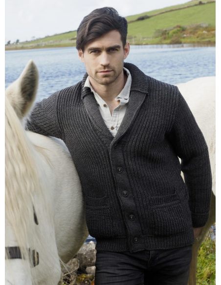 Men's ribbed shawl collar cardigan with pockets in pure merino wool