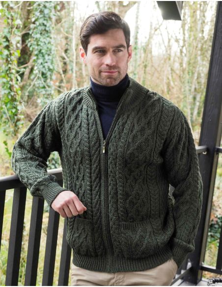 Herren Aran Wollpullover mit halbem Reißverschluss aus reiner Merinowolle