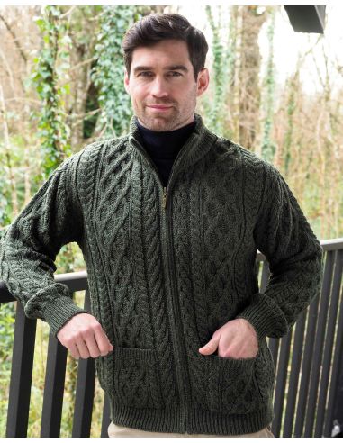 Men's Half Zip Aran Wool Sweater in pure merinowool