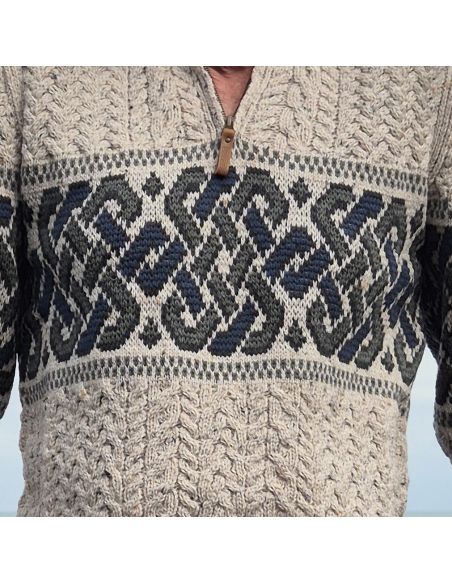 Pull Homme  pure laine mérinos beige chaud jacquard irlandais 