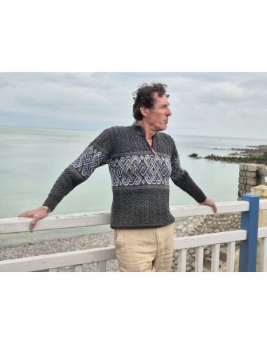 Pull Homme irlandais chaud jacquard pure laine mérinos gris antracite