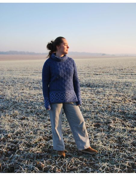 Damen-Tunika-Pullover aus irischem Jacquard, Intarsienstrick aus reiner, warmer Merinowolle