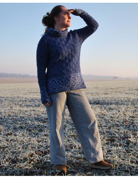Damen-Tunika-Pullover aus irischem Jacquard, Intarsienstrick aus reiner, warmer Merinowolle