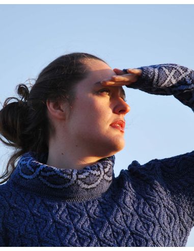 Damen-Tunika-Pullover aus irischem Jacquard, Intarsienstrick aus reiner, warmer Merinowolle