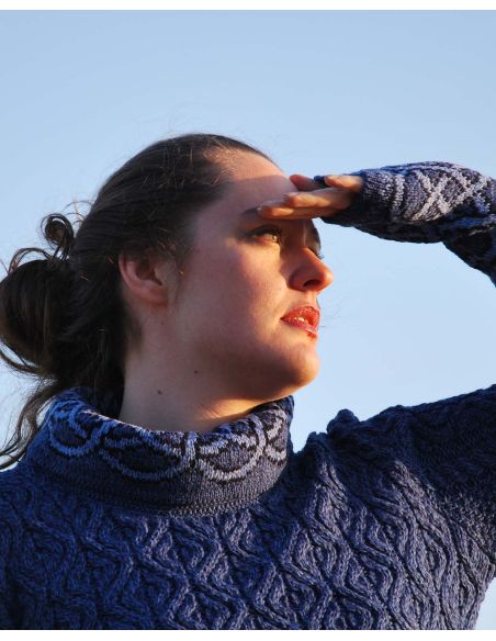 Damen-Tunika-Pullover aus irischem Jacquard, Intarsienstrick aus reiner, warmer Merinowolle