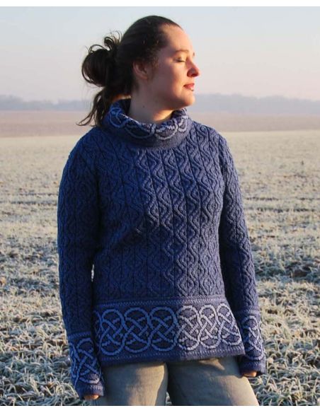 Damen-Tunika-Pullover aus irischem Jacquard, Intarsienstrick aus reiner, warmer Merinowolle