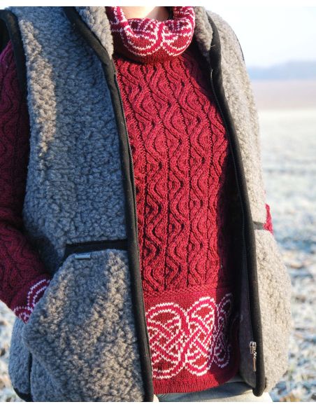 Jersey túnica de mujer con jacquard irlandés, punto intarsia y lana merino pura y cálida