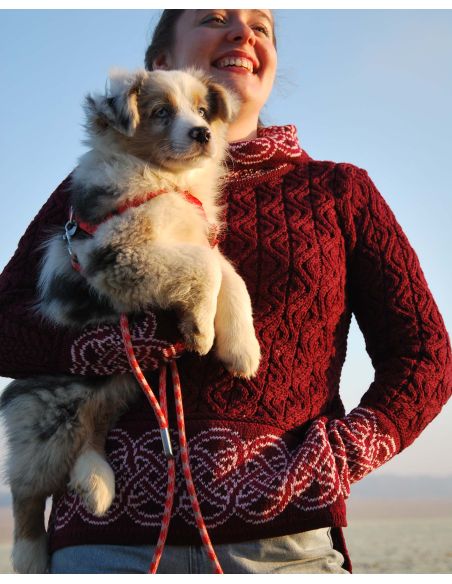 Damen-Tunika-Pullover aus irischem Jacquard, Intarsienstrick aus reiner, warmer Merinowolle