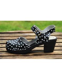 Las mujeres de los zapatos de madera y cuero negro guisantes de tacón alto y de madera natural 2