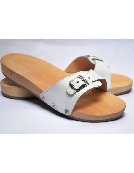 Claquettes mules en bois et cuir blanc