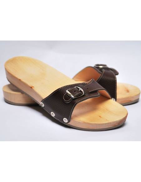 Claquettes mules en bois et cuir chocolat