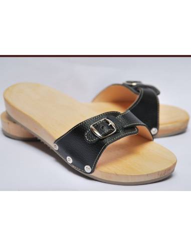 Claquettes mules en bois et cuir noir