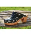 Women heels high wooden Swedish clogs and leather with polka dots