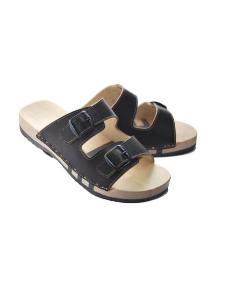 Claquettes en bois et cuir double boucle