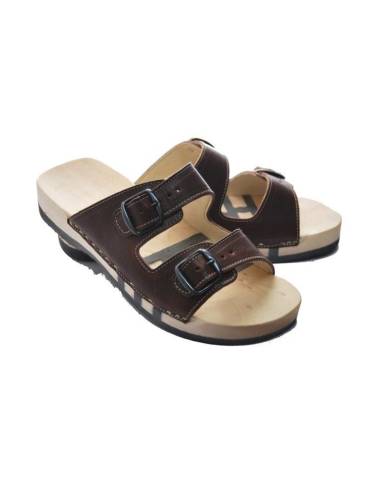 Claquettes bois FLEX en cuir double boucle chocolat