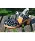 Woman wooden high heel shoes with flanges and leather polka dot
